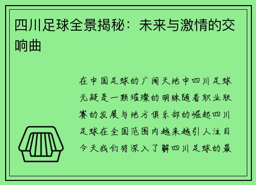 四川足球全景揭秘：未来与激情的交响曲
