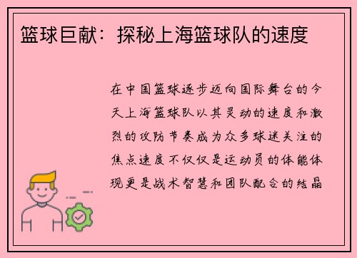 篮球巨献：探秘上海篮球队的速度