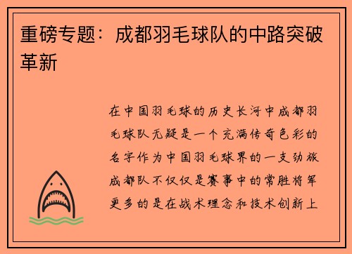 重磅专题：成都羽毛球队的中路突破革新