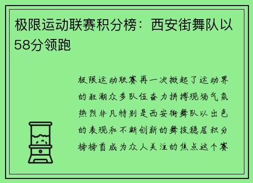 极限运动联赛积分榜：西安街舞队以58分领跑