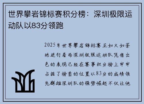 世界攀岩锦标赛积分榜：深圳极限运动队以83分领跑
