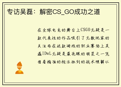 专访吴磊：解密CS_GO成功之道