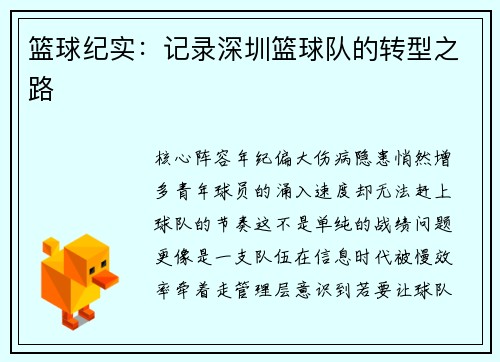 篮球纪实：记录深圳篮球队的转型之路