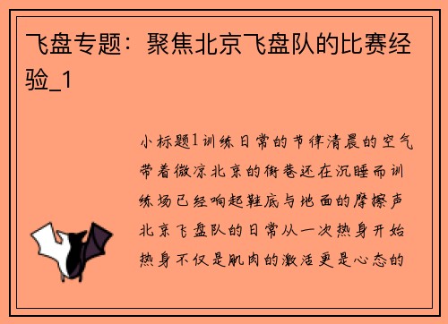 飞盘专题：聚焦北京飞盘队的比赛经验_1